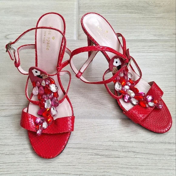 Kate Spade Red Idalou Parrot Sparkly Gem Ankle Strap Heels - Size 9 - Picture 5 of 13